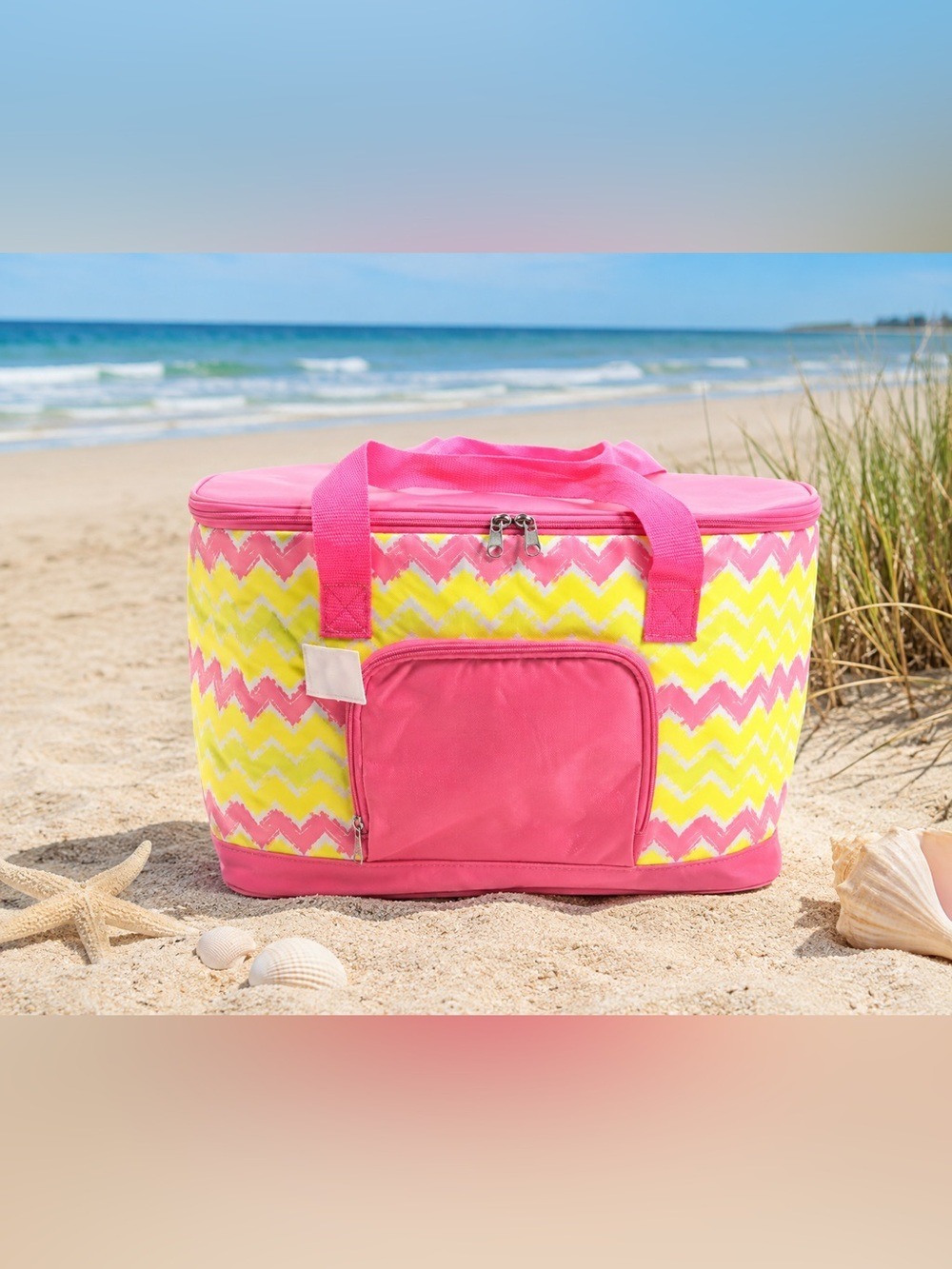 Large Insulated Cooler Tote Bag Pink Yellow Chevron Beach Picnic Grocery NWOT